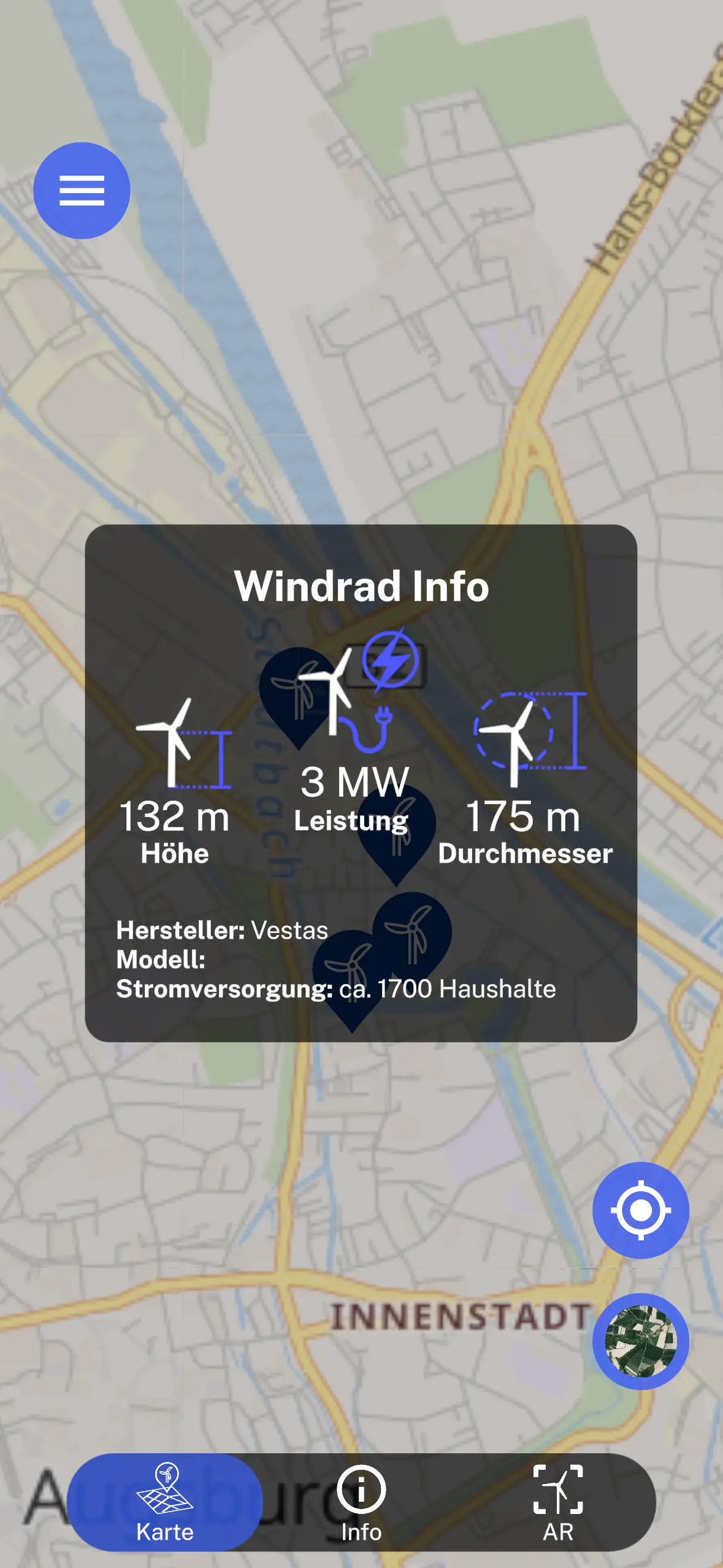 Detailkarte einer Turbine mit Höhe, Leistung, Rotordurchmesser und Herstellerangaben